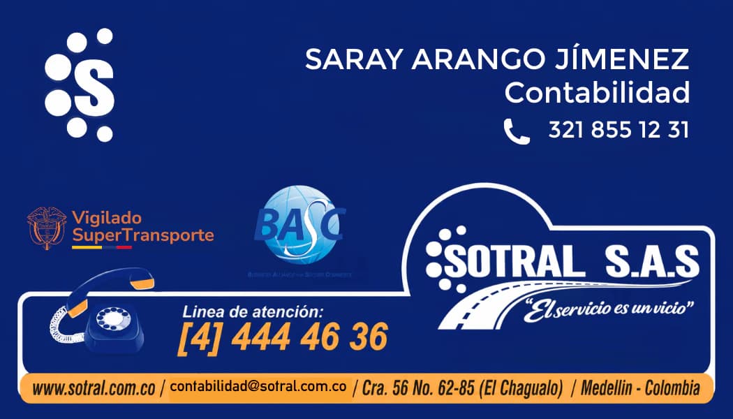 Tarjeta de contacto de Saray Arango Jiménez, Contabilidad de SOTRAL